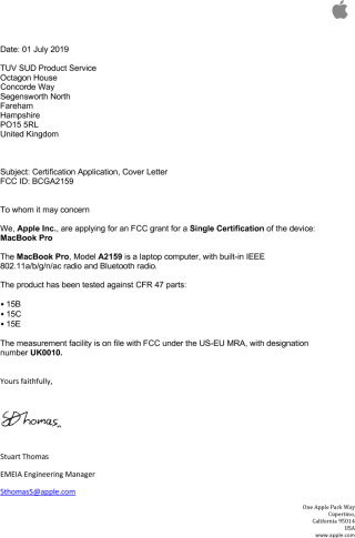 在 FCC 紀錄中找到 Apple 註冊 A2159 的郵件，證實是一部 MacBook Pro 。