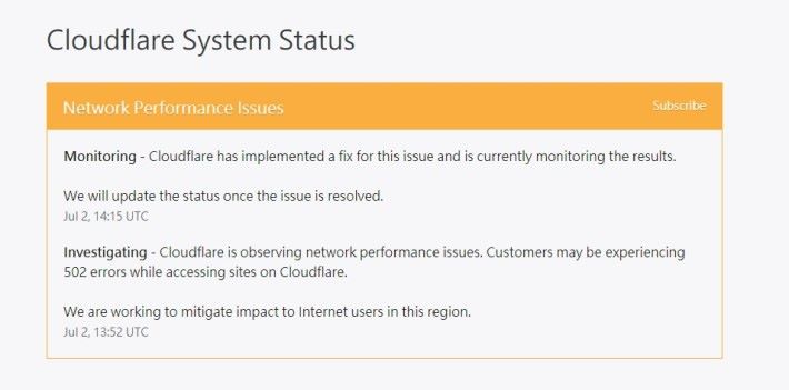 CloudFlare 指服務出現網絡效能問題（Network Performance Issues）。