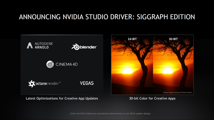 同場發表了 NVIDIA Studio Driver，可支援 30-bit Color。