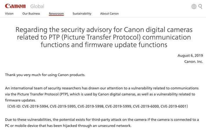 Canon 上周針對 PTP 漏洞發出公告，提示用戶小心連接相機到電腦及流動裝置。