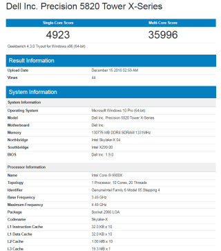 Intel Core i9-9900X 配 128GB RAM 之 Geekbench 分數