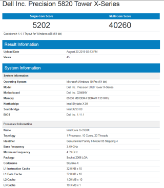 Intel Core i9-9900X 配 64GB RAM 之 Geekbench 分數