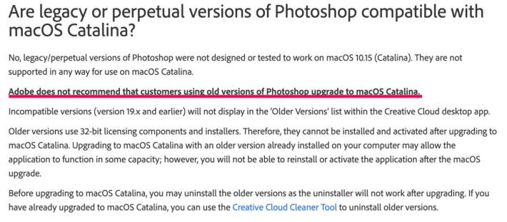 Adobe 指出版本 19.x 或以下的 Photoshop 不兼容 macOS Catalina ，應該解除安裝之後才升級。