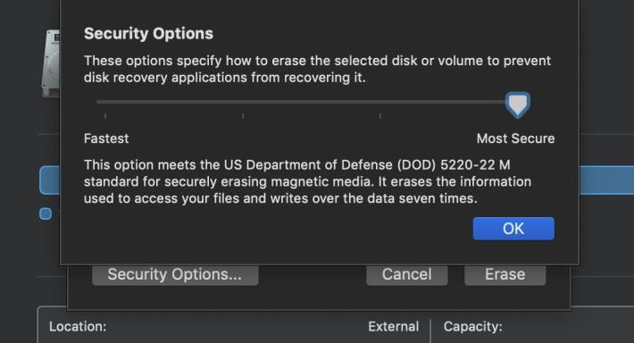 雖然 macOS 的磁碟工具程式提供了國防級的安全清除功能，不過就不能用在 SSD 之上。