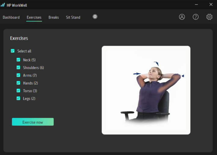 HP 亦很關心用戶的辦公室健康，HP Workwell 軟件會監察用家健康狀況，提供個人化的休息和運動建議。
