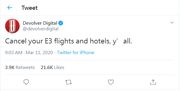 Devolver Digital 呼籲各位取消往 E3 的機票以及住宿。