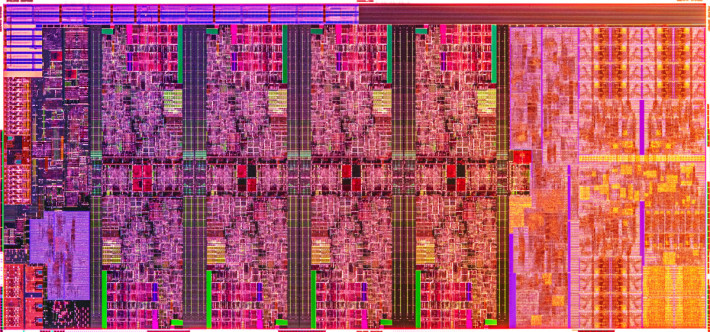 Intel公佈的10代Core-H CPU核心圖，8核心幾乎佔了CPU五分之三的面積。