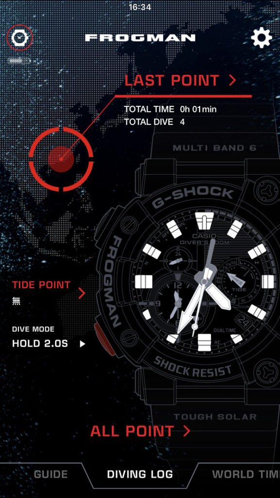 新版《G-SHOCK Connected》已加入對應GWF-A1000， 可在此設定功能，或查看潛水資訊。