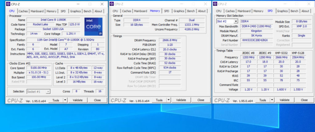 以 Core i9-11900K + Hyper-X PREDATOR DDR4-5333 在使用 XMP 後即可穩定 2666MHz @CL=20 （相當於 DDR4-5333 ）下工作。