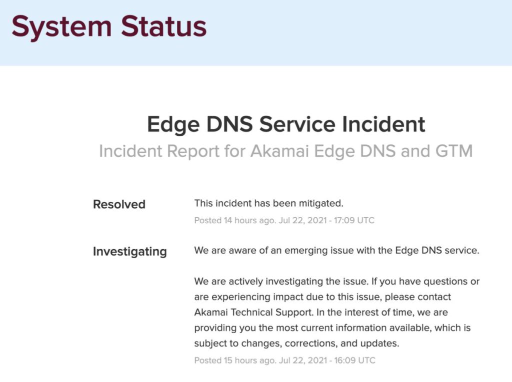 Akamai 的網站顯示系統事故。