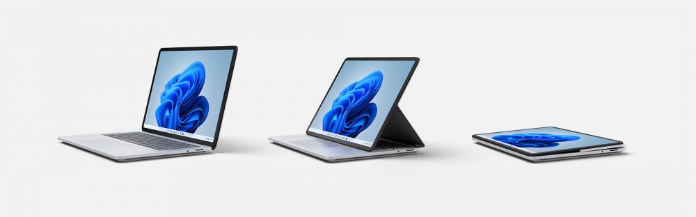 Microsoft Surface Laptop Studio 具備 Laptop （左）、 Stage 和 Studio 三個模式。