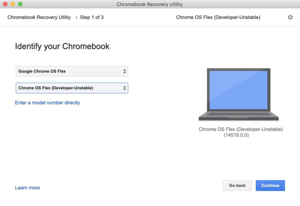 Step 6. 在表單上面的下拉式選單中選擇「 Google Chrome OS Flex 」，下面的選單選擇「 Chrome OS Flex (Developer-Unstable) 」，按右下角「 Continue 」掣繼續；